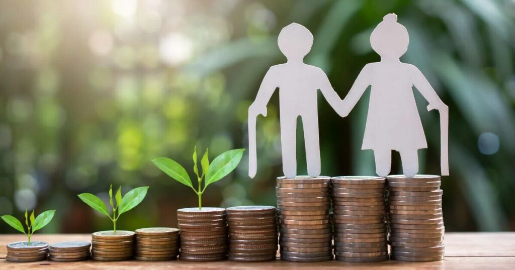 Coin stacks with plants and paper grandparents